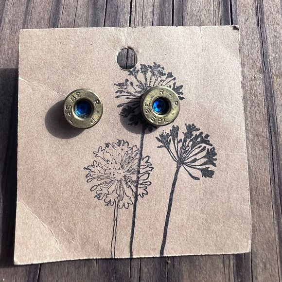 Rich McCoy Handmade Upcycled Brass Bullet Casing Earrings Topaz Jeweled 💗 - Picture 3 of 4
